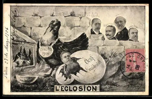 Künstler-AK Frankreich, Karikatur, Congres 1906, L`Eclosion, Politiker u. a. Rouvier & Ribot