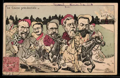 Künstler-AK Karikatur, Präsident Armand Fallieres als Jockey bei einem Pferderennen