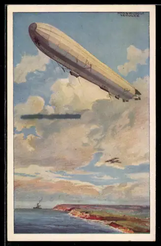 Künstler-AK Hans Rudolf Schulze: Reichsmarineluftschiff wacht an deutscher Ostseeküste, Zeppelin