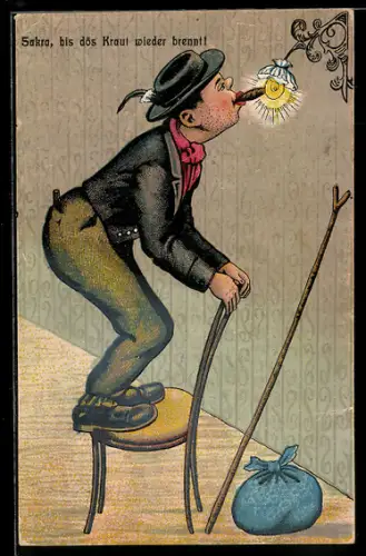 AK Wanderer versucht Zigarre an einer Glühbirne anzuzünden