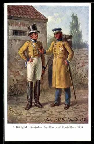 AK Königl. Sächsischer Postillion u. Postfussbote in Uniform 1833