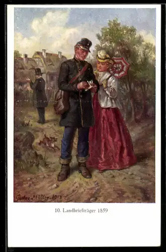 AK Landbriefträger 1859 mit einer neben ihm stehenden Frau