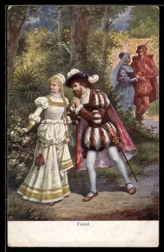 AK Faust und Gretchen beim Spaziergang, verfolgt von Mephisto