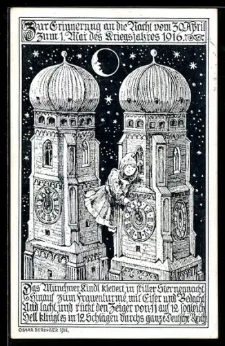 Künstler-AK München, Münchner Kindl an der Uhr der Frauenkirche, Einführung der Sommerzeit 1916
