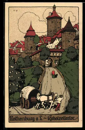 Steindruck-AK Rothenburg o. T., Strassenpartie vor dem Kobolzellertor