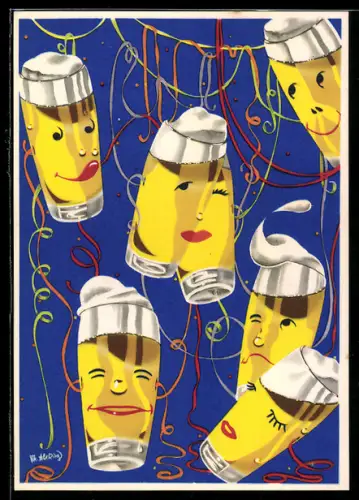 AK Berlin-Neukölln, Biergläser mit Gesichtern, Berliner Kindl Brauerei, Karnevalsmotiv