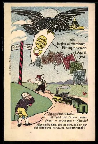 Lithographie Die letzten württemb. Briefmarken 1. April 1912, Scherz