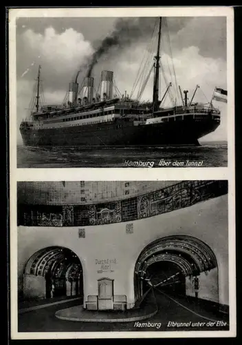 AK Hamburg-St. Pauli, Elbtunnel unter der Elbe, Dampfer über dem Tunnel