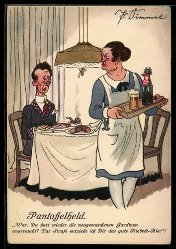 Künstler-AK Brauerei-Werbung für Leipziger Riebeck-Bier - Frau bestraft Ehemann mit Entzug