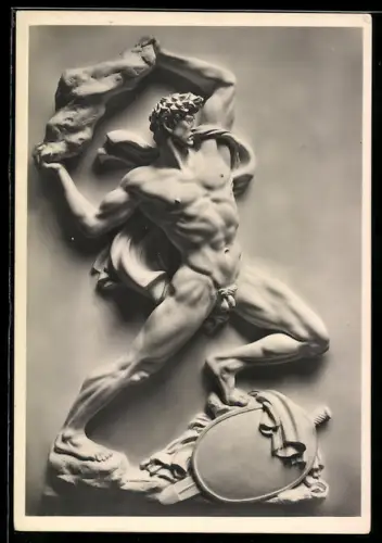 Künstler-AK Arno Breker: Plastik der Vergeltung, nackter Mann mit Schwert, Schutzschild und Stein