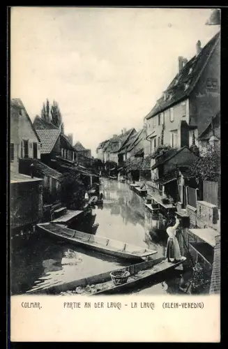 AK Colmar, Partie an der Lauch, Femme en bateau sur la Lauch