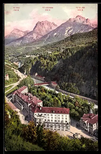 AK Vulpera, Kurhaus mit Blick nach Piz Ayuz
