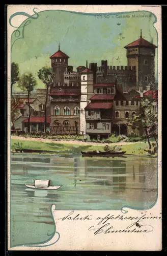 Lithographie Torino, Castello Mediovale um 1900