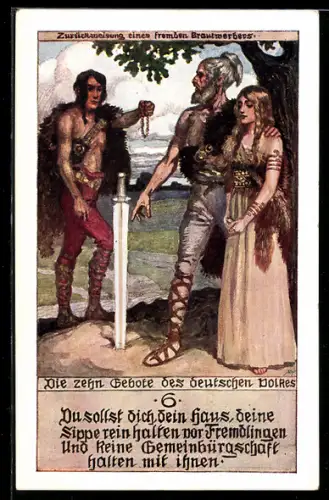 Künstler-AK Zurückweisung eines fremden Brautwerbersm Germanenkult
