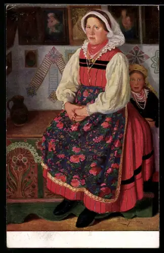 Künstler-AK sign. Fr. Lubienski: Eine Wirtin aus der Gegend von Sieradz, Polin in Tracht
