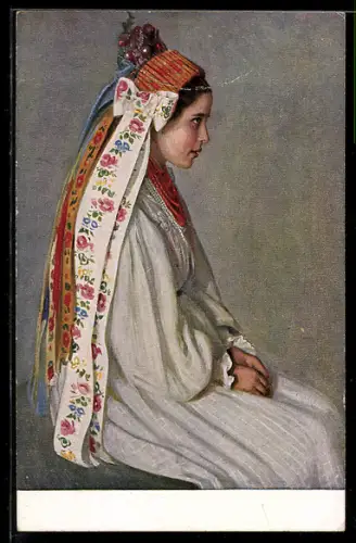 AK Polen, Schöne Frau in Trachten von der Seite gesehen
