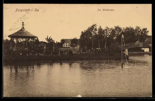 AK Burgstädt i. Sa., Im Wettinhain, Pavillon, Brücke