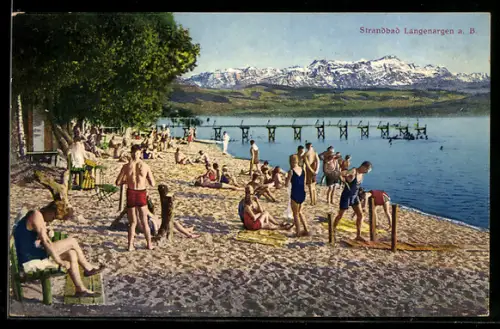AK Langenargen a. B., Strandbad, Bodensee, Alpenpanorama