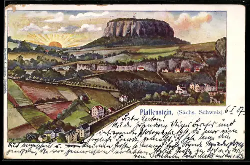 Künstler-AK Pfaffenstein /Sächs. Schweiz, Tafelberg, Landschaft, Sonnenaufgang