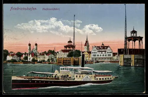 AK Friedrichshafen, Dampfer König Karl an der Hafeneinfahrt auf dem Bodensee