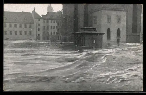 AK Hochwasser Nürnberg am 05. Februar 1909, am überfluteten Obstmarkt
