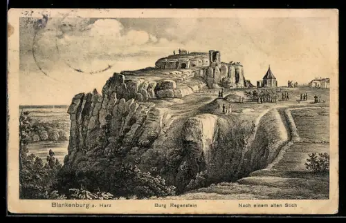 Künstler-AK Blankenburg a. Harz, Burg Regenstein nach einem alten Stich