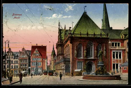 AK Bremen, Markt, Strassenbahn, Brunnen
