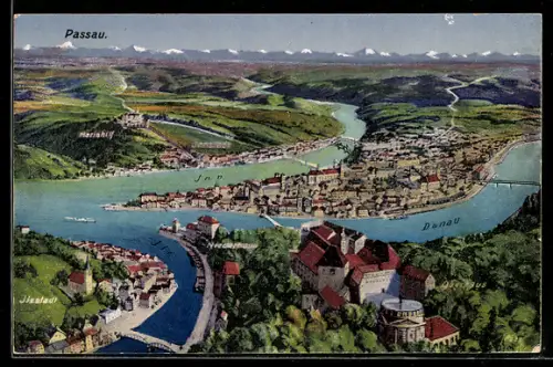 AK Passau, Inn, Donau, Veste Oberhaus, Stadtansicht