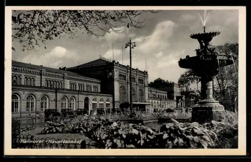 AK Hannover, Hauptbahnhof und Springbrunnen mit Anlagen
