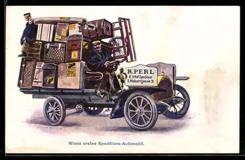Künstler-AK Wien, Erster Speditions-Lastkraftwagen von R. Perl, Makartgasse 3