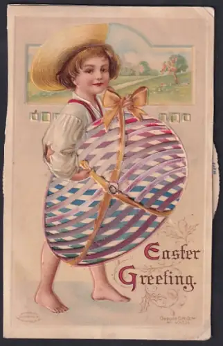 Mechanische-AK Kind trägt ein grosses Osterei mit rotierenden Farben