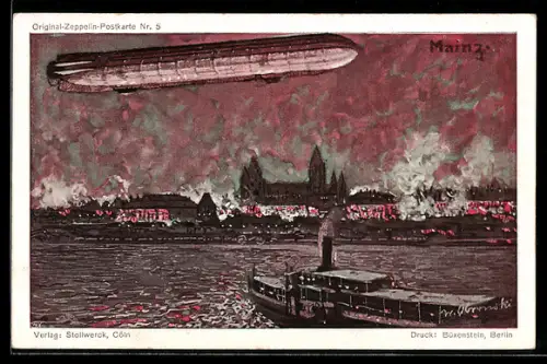 Künstler-AK Mainz, Zeppelin über der Stadt
