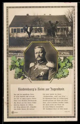 AK Pinne, Paul von Hindenburg's Heim zur Jugendzeit, Gedicht
