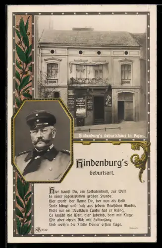 AK Posen / Poznan, Paul von Hindenburg`s Geburtshaus mit Porträt