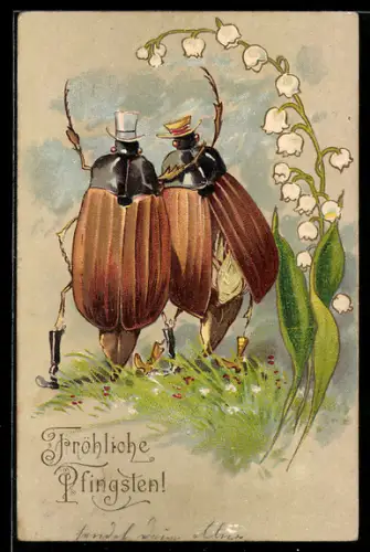 AK Maikäfer auf einer Wiese mit Maiglöckchen, Pfingstgrüsse