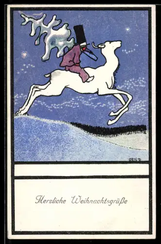 Künstler-AK Wiener Werkstätte sign. Anton Vellm: Rentier auf nächtlichem Ritt durch eine Winterlandschaft, Verdruckt