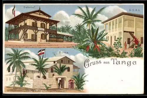 Lithographie Tanga, Bahnhof mit Palmen, Boma und DOAG, Kolonial gelaufen