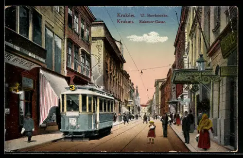 AK Krakau, Partie der Slakauer Gasse mit Strassenbahn