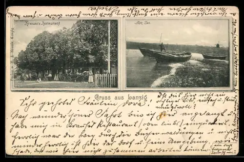 AK Lanzig, Krause`s Restaurant in der Aussenansicht und Partie am See