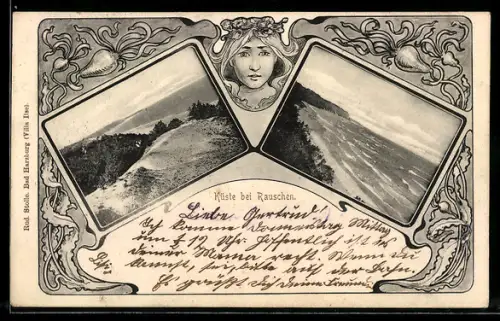 AK Rauschen, Zwei Partien an der Küste, Passepartout im Jugendstil