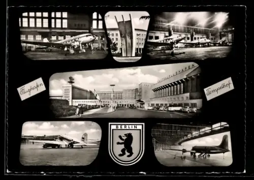 AK Berlin, Flughafen Tempelhof, Ansicht vom Hauptgebäude, Luftbrückendenkmal, Passagierflugzeuge auf dem Flugfeld