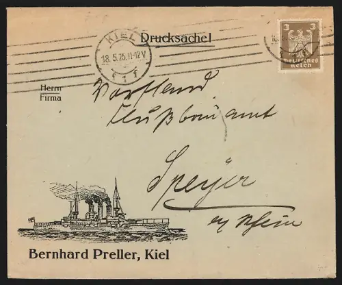 Dekorativer Brief Kiel, Bernhard Preller, Kriegsschiff auf See
