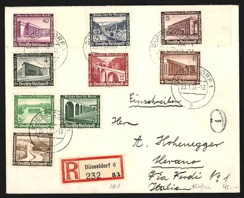 Dekorativer Brief mit Briefmarken Luftfahrtministerium, Deutschlandhalle, Haus der deutschen Kunst, Deutsche Alpenstrasse