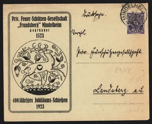 Dekorativer Brief Mindelheim, 400-jähriges Jubiläumsschiessen 1923, Priv. Feuer-Schützen-Gesellschaft Frundsberg