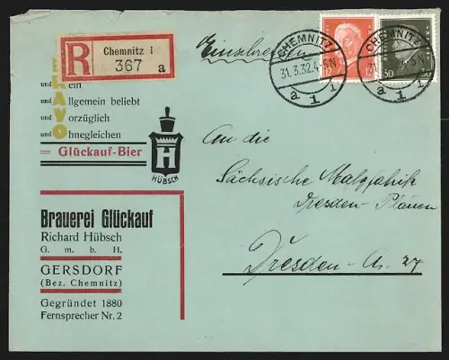 Dekorativer Brief Gersdorf, Brauerei Glückauf, Richard Hübsch GmbH
