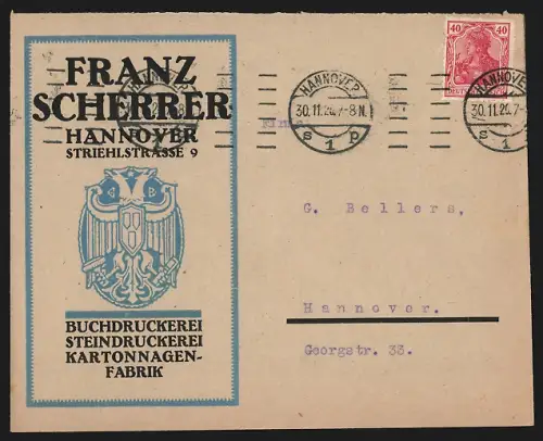 Dekorativer Brief Hannover, Buchdruckerei Franz Scherrer, Striehlstrasse
