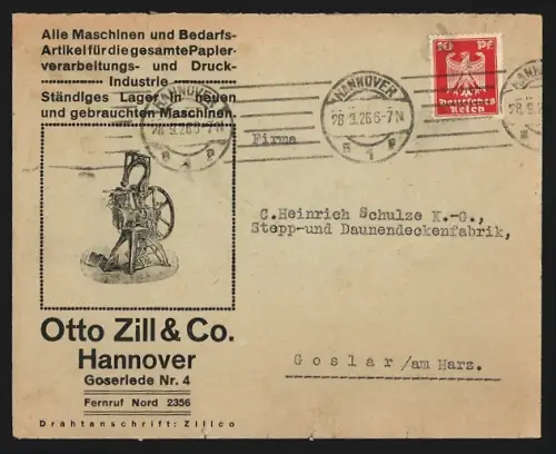 Dekorativer Brief Hannover, Maschinen für Papierverarbeitungs- und Druckindustrie, Otto Zill & Co., Goseriede 4