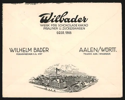 Dekorativer Brief Aalen /Württ., Wilbader, Werk für Schokolade, Wilhelm Bader