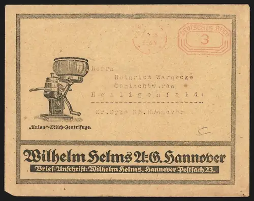 Dekorativer Brief Hannover, Wilhelm Helms A. G., Union-Milch-Zentrifuge