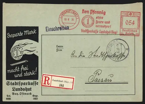 Dekorativer Brief Landshut, Stadtsparkasse, Ersparte Mark macht frei und stark